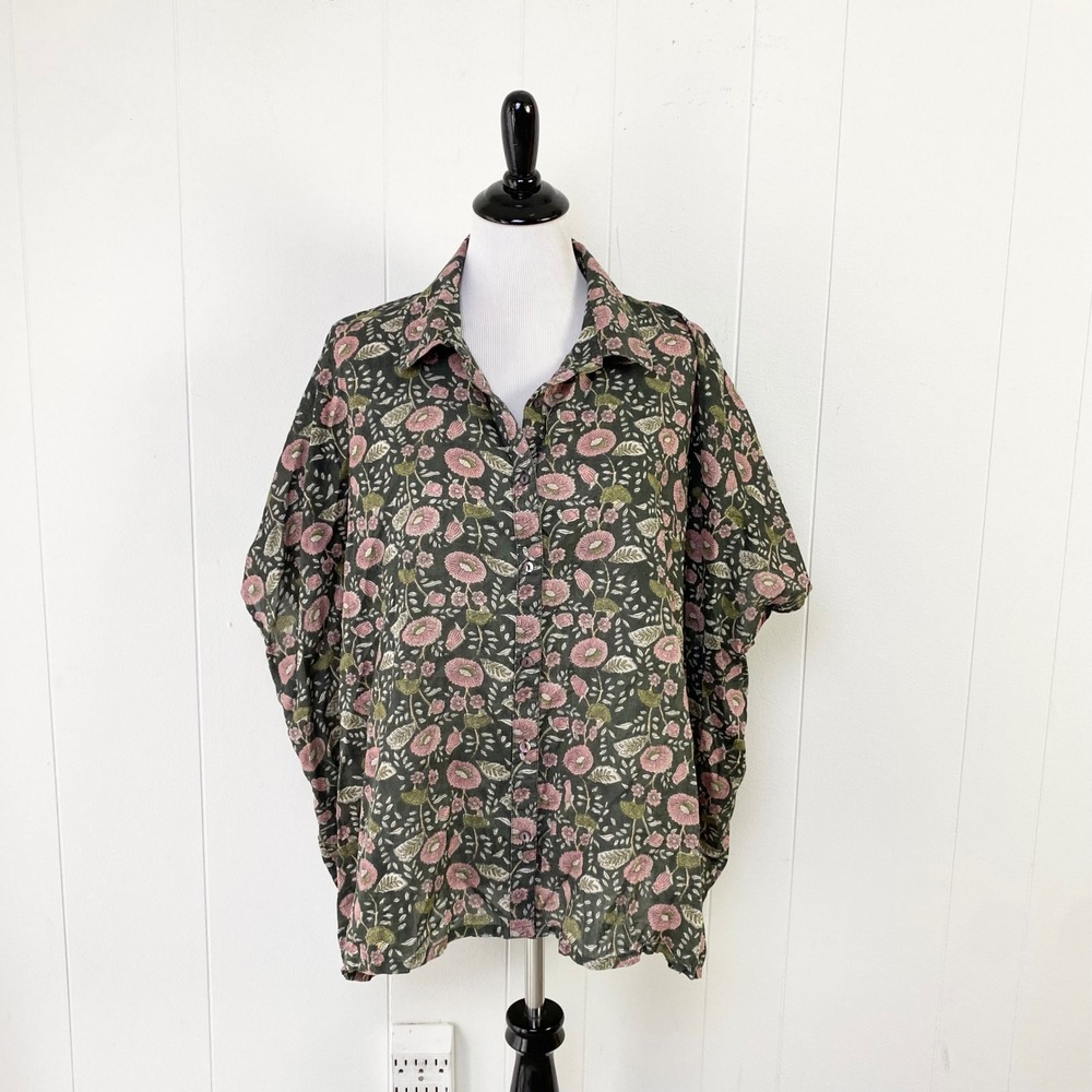 Natural Life Green Pink Floral Button Down Shirt OS One Size Floral Boho Baggy